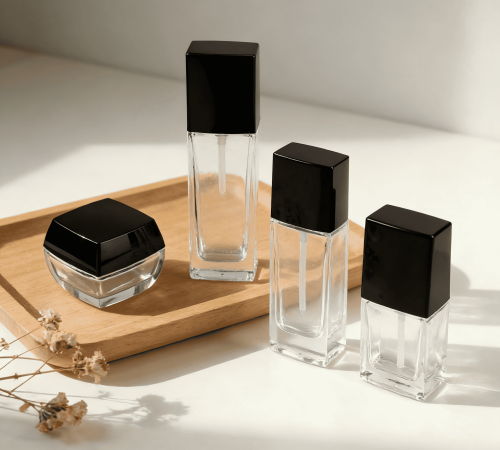30‑80ml Square Glass Skincare Set With Glossy Black Caps