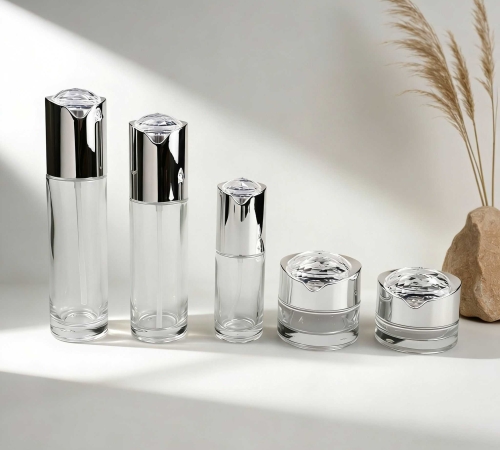 50‑120ml Clear Cylinder Glass Skincare Set With Crystal Cut Silver Caps