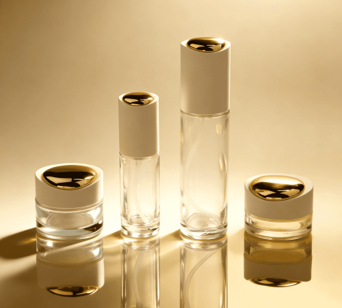 30‑120ml Clear Cylinder Glass Skincare Set With Matte‑White & Teardrop Gold Caps