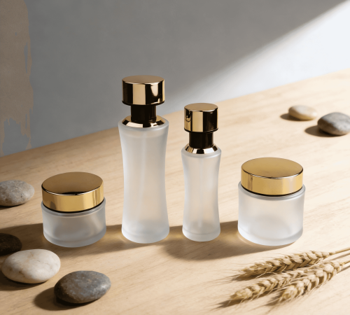 30‑100ml Frosted Waist‑Curved Glass Skincare Set With Gold Caps