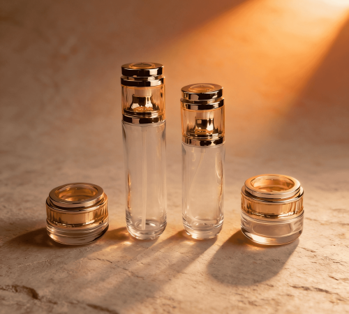 60‑120ml Double‑Layer Gold Trim Cylinder Glass Skincare Set