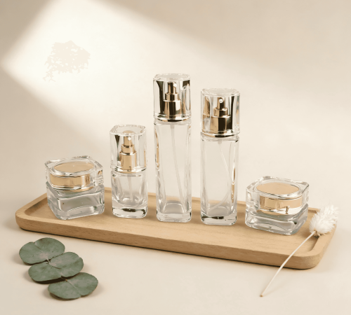 30‑120ml Crystal Clear Square Glass Skincare Bottle & Jar Set