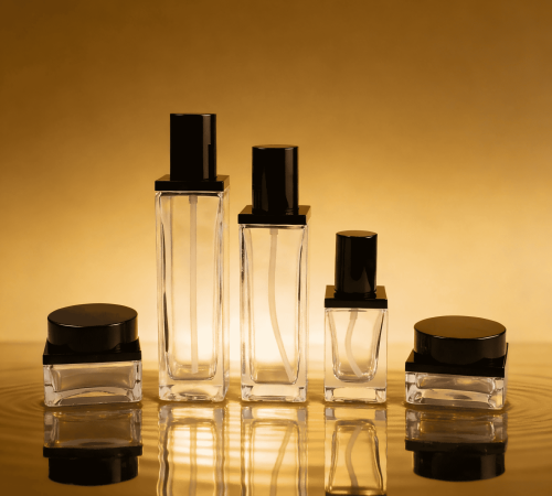 30‑120ml Square Thick Glass Cosmetic Bottle & Jar Set With Black Glossy Caps