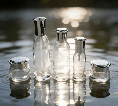 30‑100g/50‑150ml Skincare Glass Bottle Jar Set, Clear Glass with Silver Plated Cap