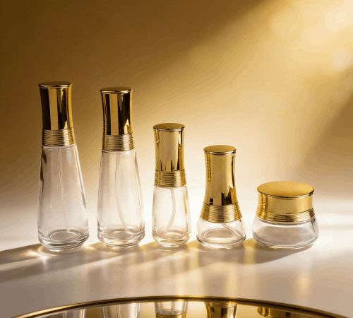 30‑120ml & 30‑50g Curved‑Waist Glass Bottle Jar Skincare Set with Gold Thread Decor Cap