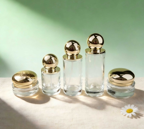 30‑120ml Clear Glass Skincare Set With Gold Sphere Cap