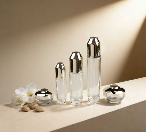 30‑120ml Clear Glass Skincare Set With Bullet‑Shape Gold Cap