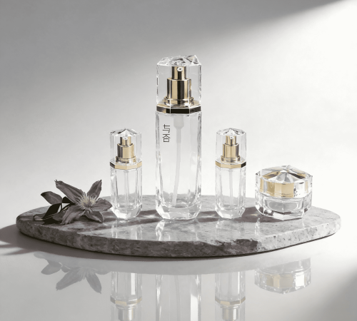 30‑120ml Diamond‑Cut Octagonal Clear Glass Skincare Set