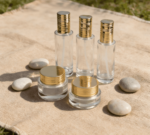 30‑120ml Wavy‑Ribbed Gold Cap Clear Glass Skincare Set