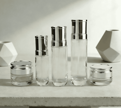30‑120ML Clear Glass Skincare Bottle & Jar Set With Silver Cap