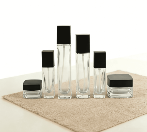 30‑100ML Square Clear Glass Bottle & Jar Set With Matte Black Cap