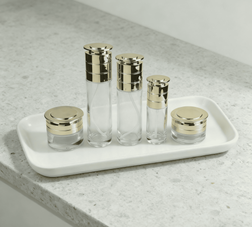 30‑120ML Round Clear Glass Bottle & Jar Set With Shiny Gold Cap