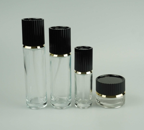 30‑100ML Round Clear Glass Bottle & Jar Set With Black Ribbed Gold‑Trim Cap