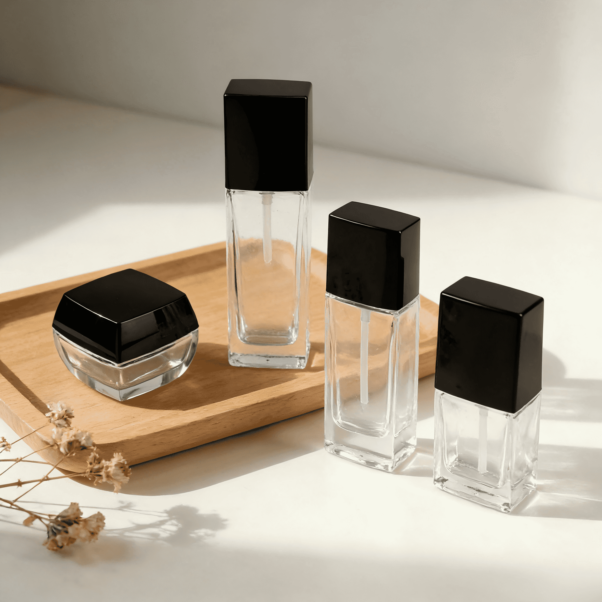 30‑80ml Square Glass Skincare Set With Glossy Black Caps