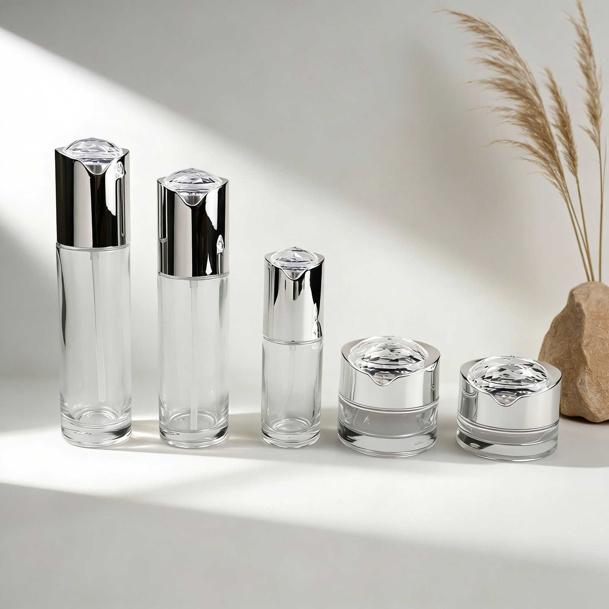 50‑120ml Clear Cylinder Glass Skincare Set With Crystal Cut Silver Caps