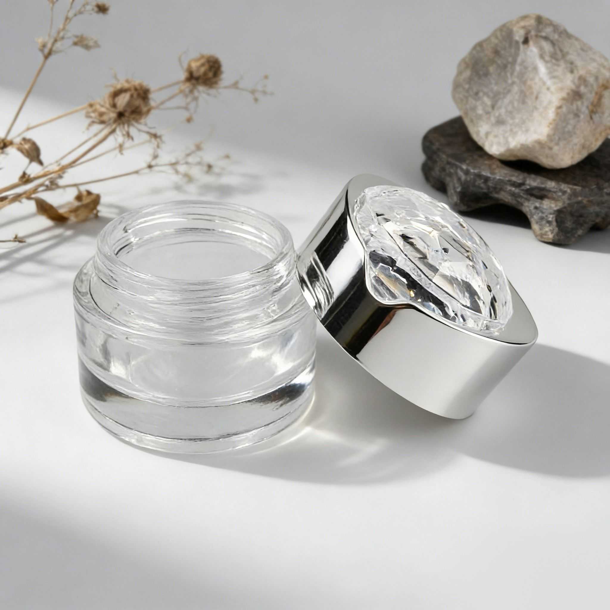 50‑120ml Clear Cylinder Glass Skincare Set With Crystal Cut Silver Caps