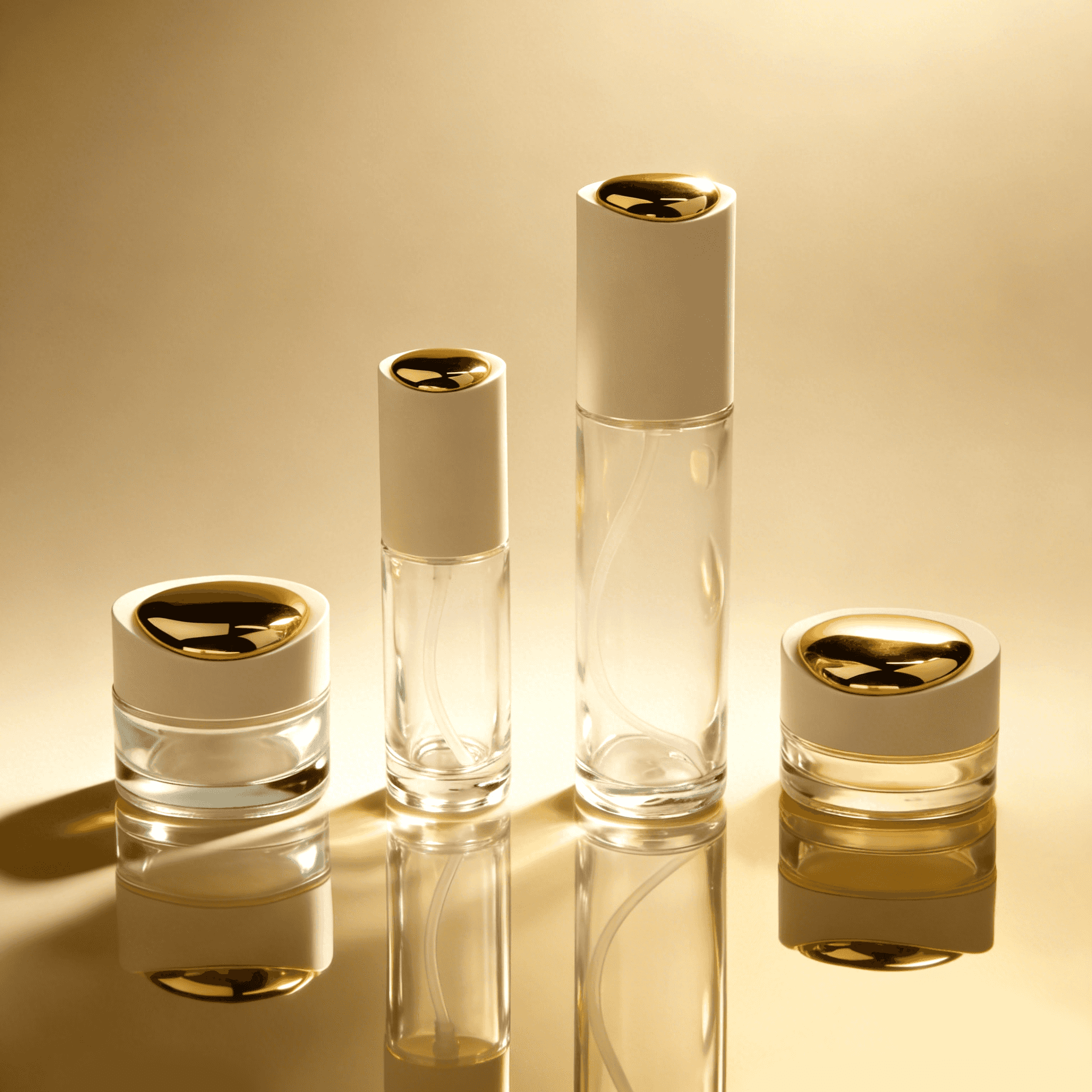 30‑120ml Clear Cylinder Glass Skincare Set With Matte‑White & Teardrop Gold Caps