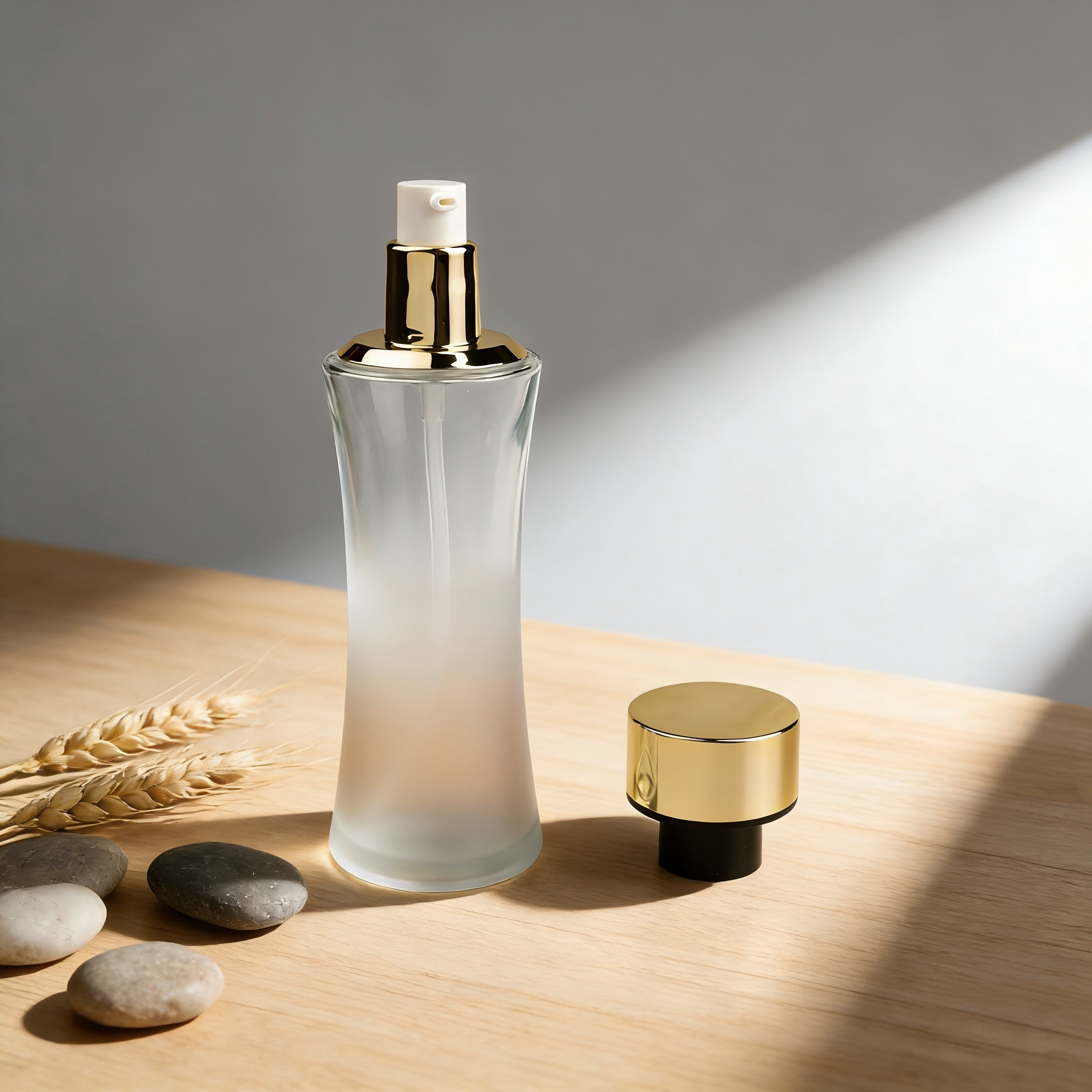 30‑100ml Frosted Waist‑Curved Glass Skincare Set With Gold Caps