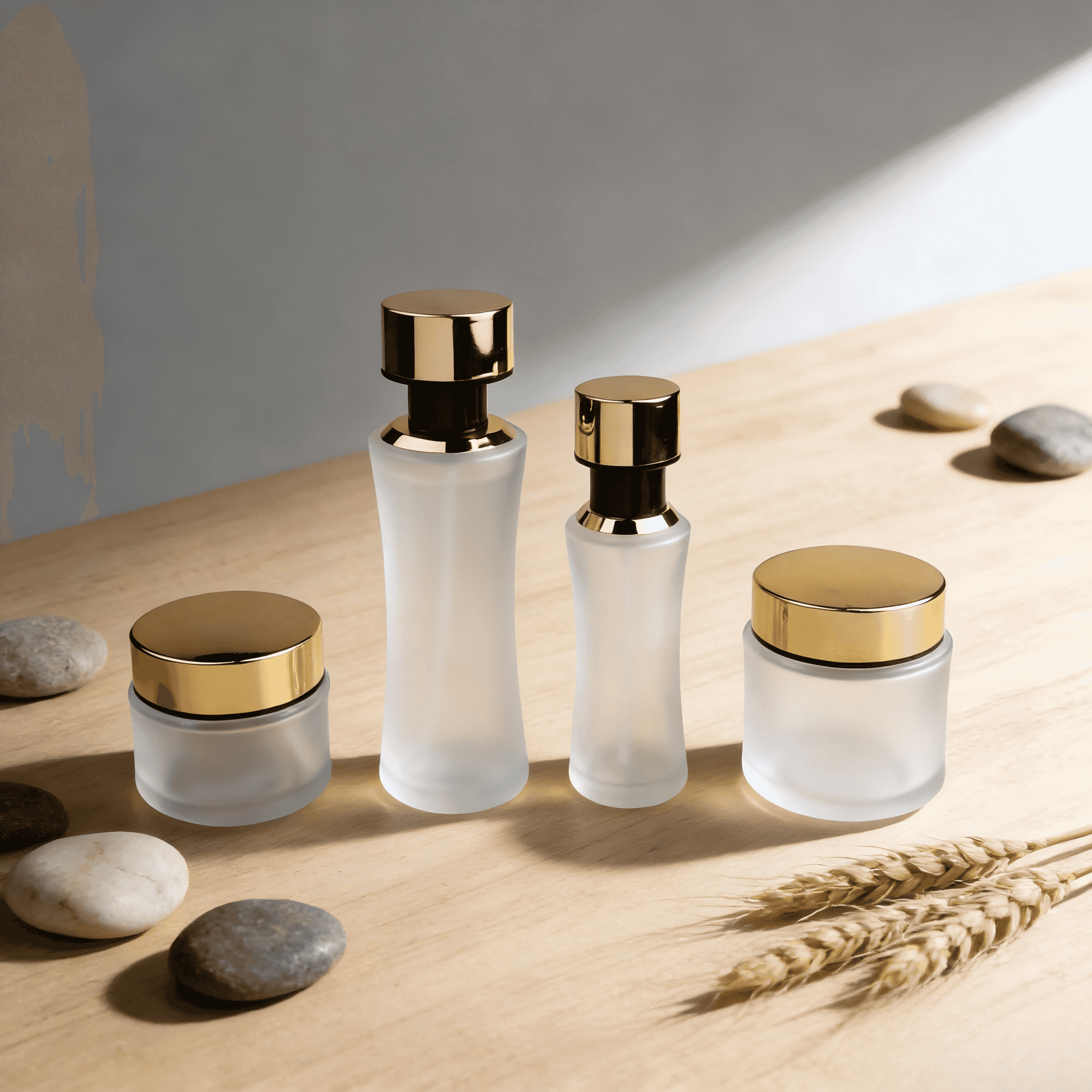 30‑100ml Frosted Waist‑Curved Glass Skincare Set With Gold Caps