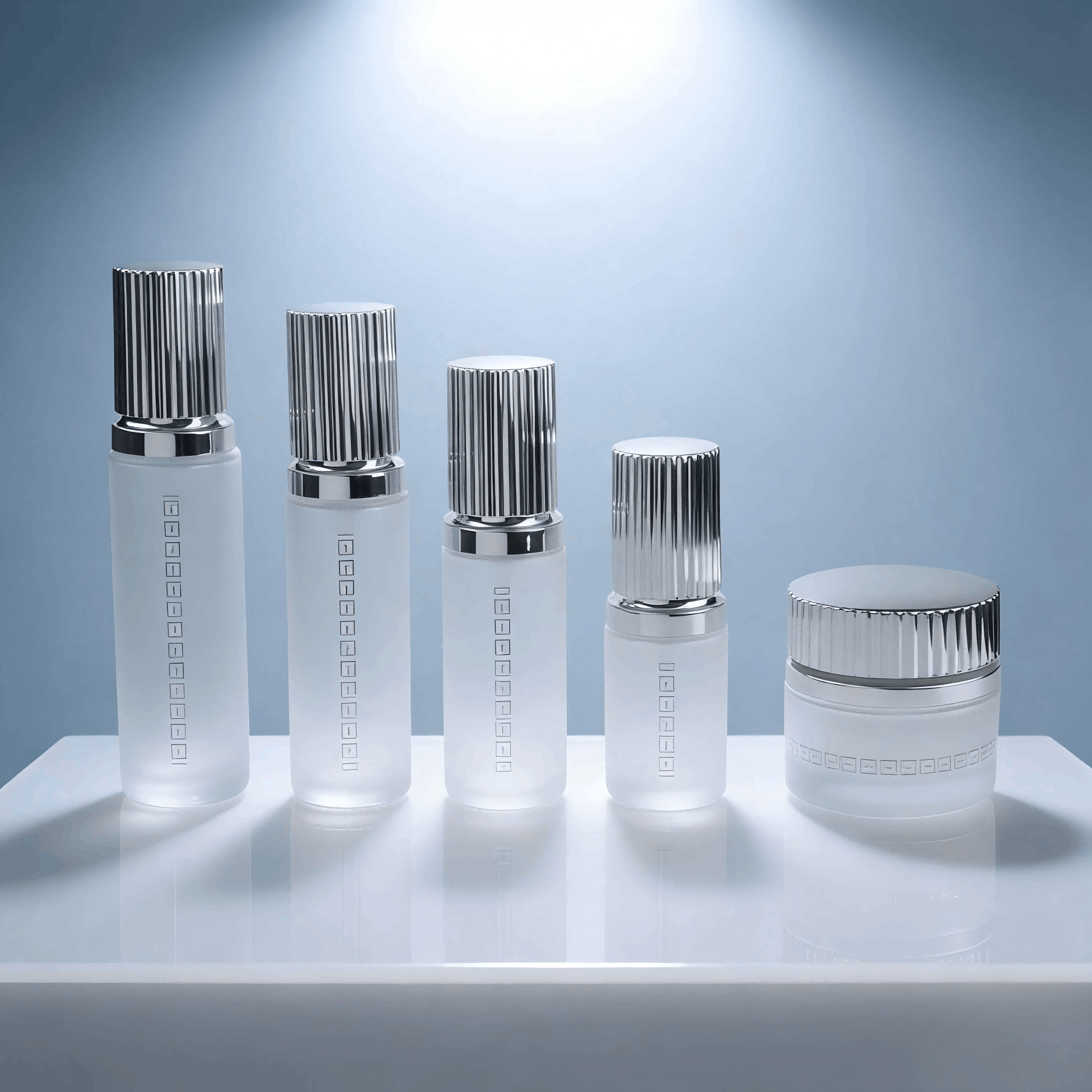 30‑120ml Frosted Glass Skincare Set With Vertical Rib Silver Caps