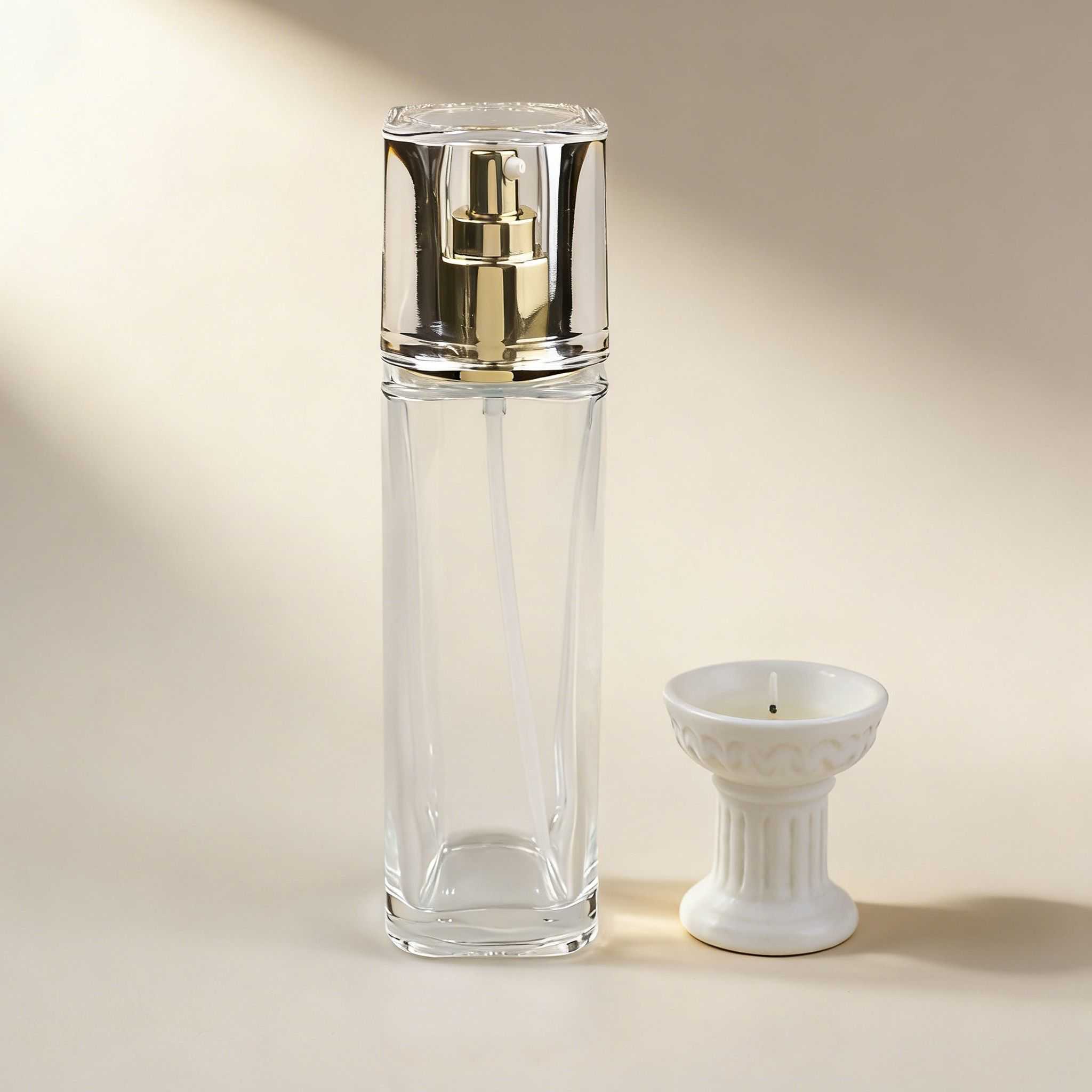 30‑120ml Crystal Clear Square Glass Skincare Bottle & Jar Set