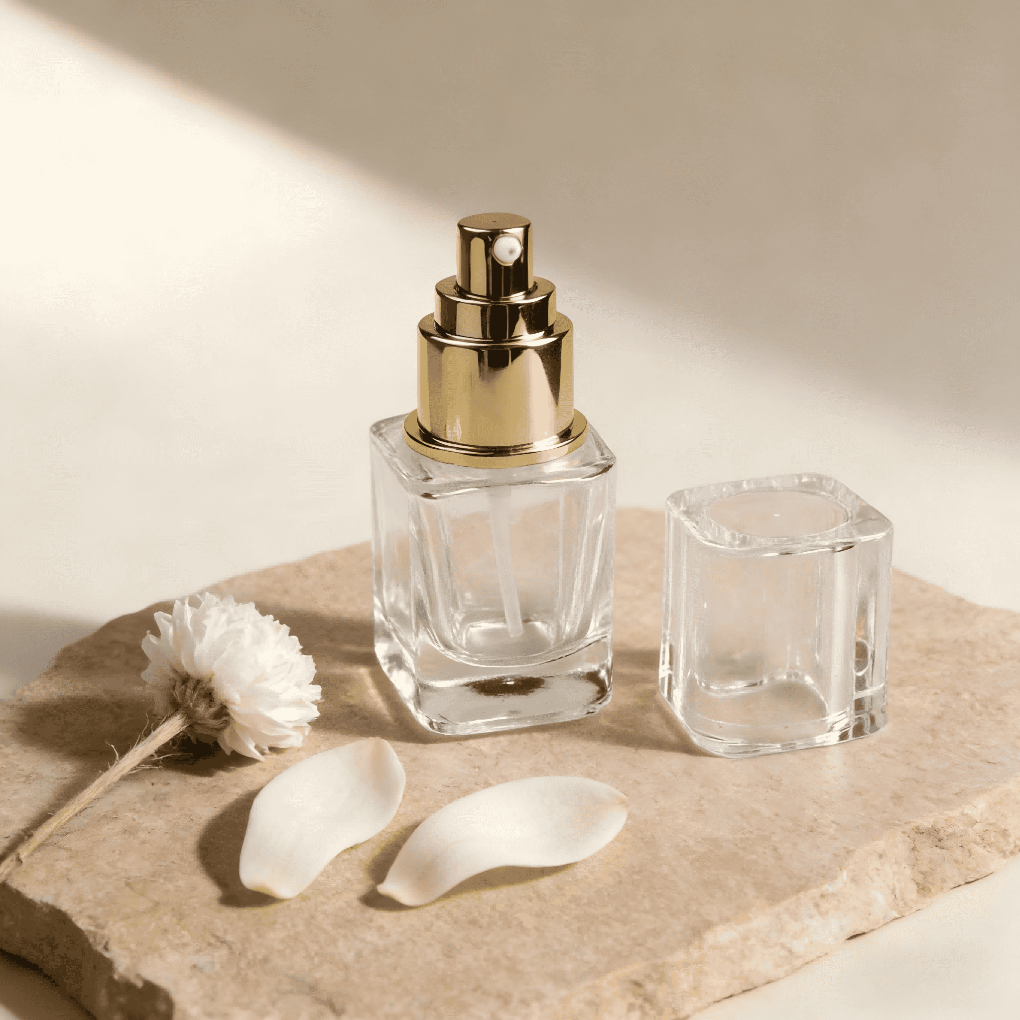 30‑120ml Crystal Clear Square Glass Skincare Bottle & Jar Set