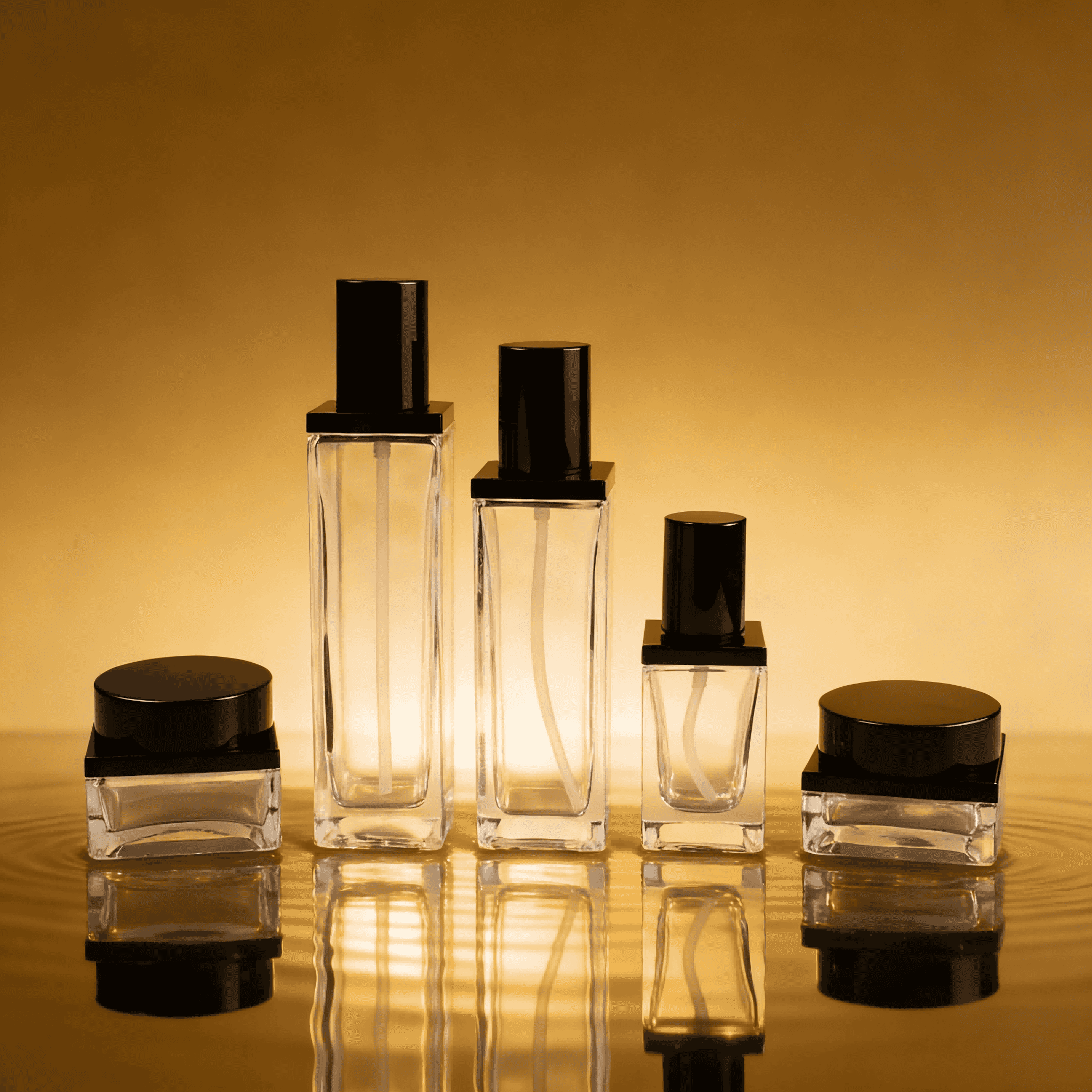 30‑120ml Square Thick Glass Cosmetic Bottle & Jar Set With Black Glossy Caps