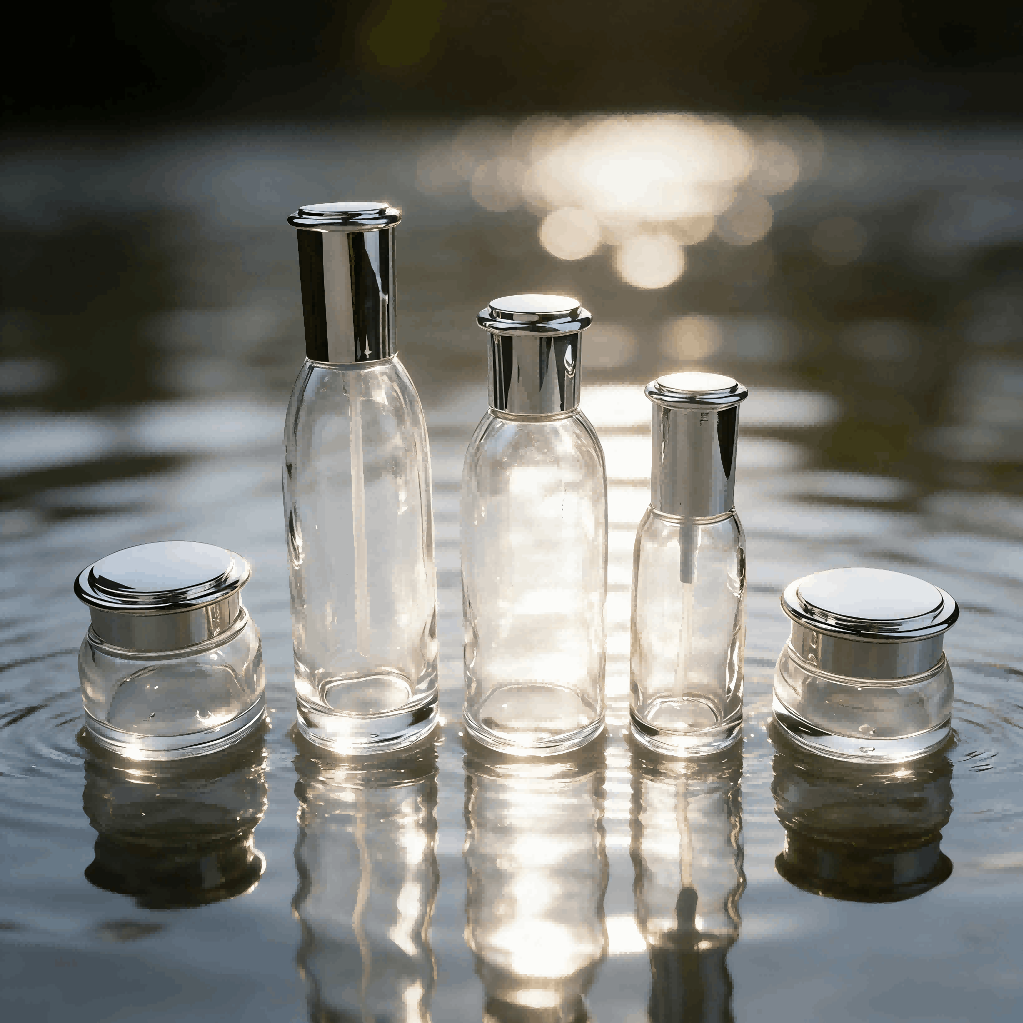 30‑100g/50‑150ml Skincare Glass Bottle Jar Set, Clear Glass with Silver Plated Cap