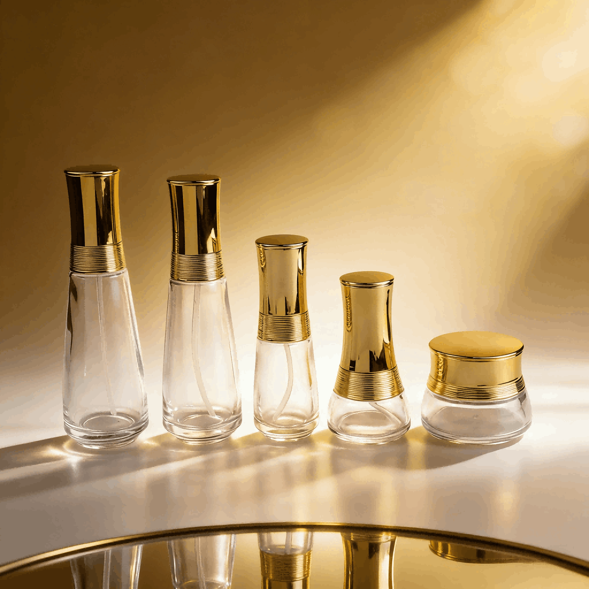 30‑120ml & 30‑50g Curved‑Waist Glass Bottle Jar Skincare Set with Gold Thread Decor Cap