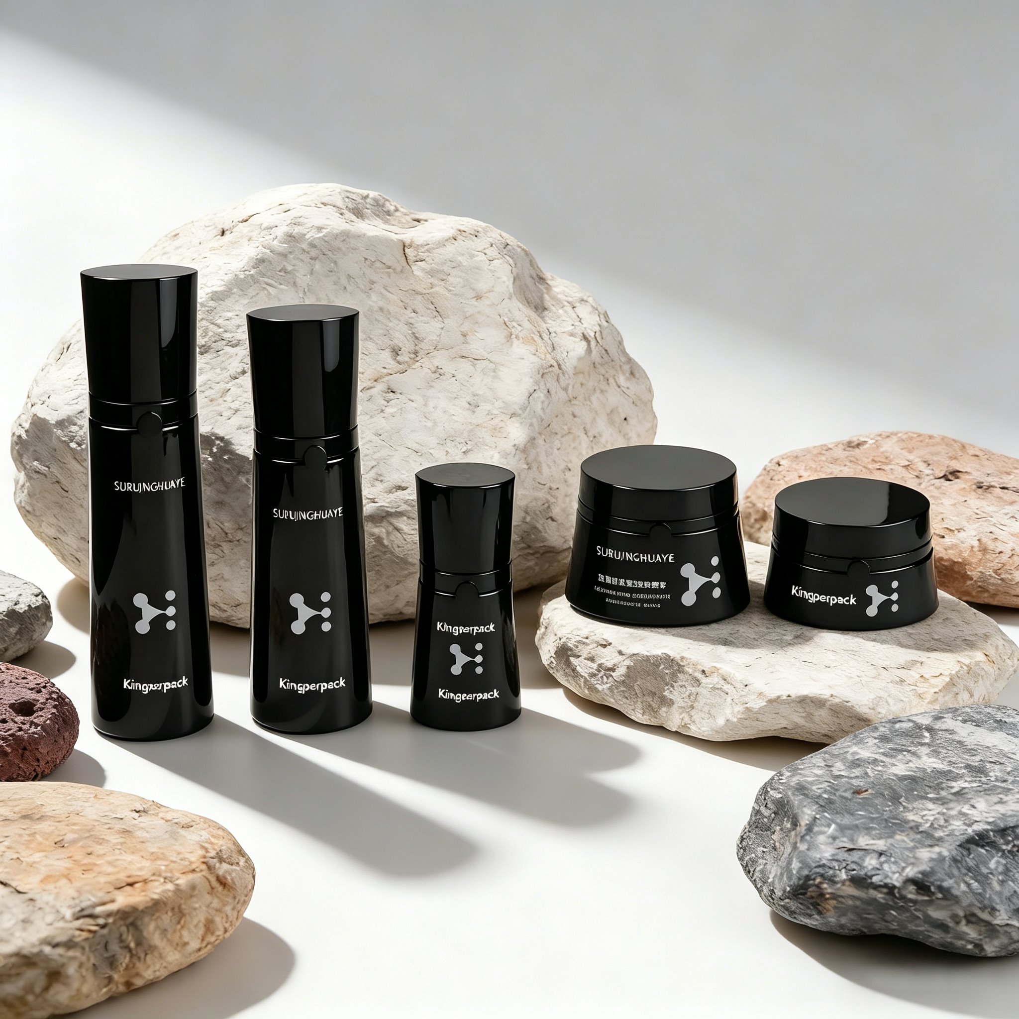 30‑120ML Glossy Black Waist‑Shape Glass Skincare Set