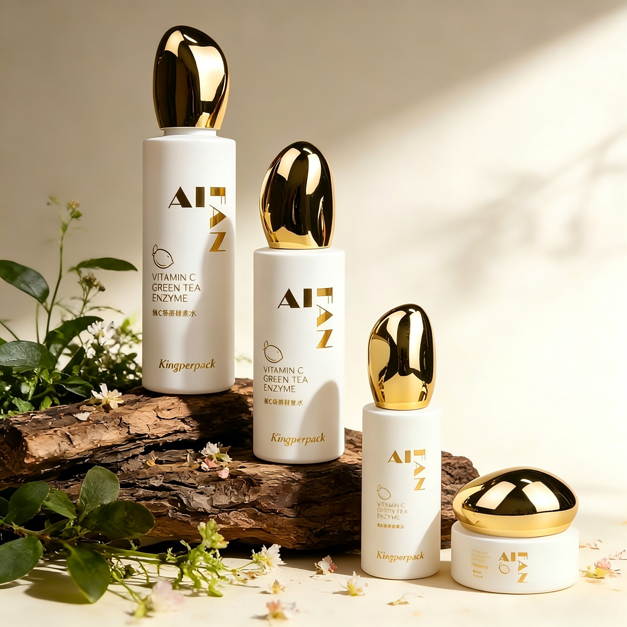 30‑120ML White Glass Skincare Set With Golden Pebble‑Shaped Cap