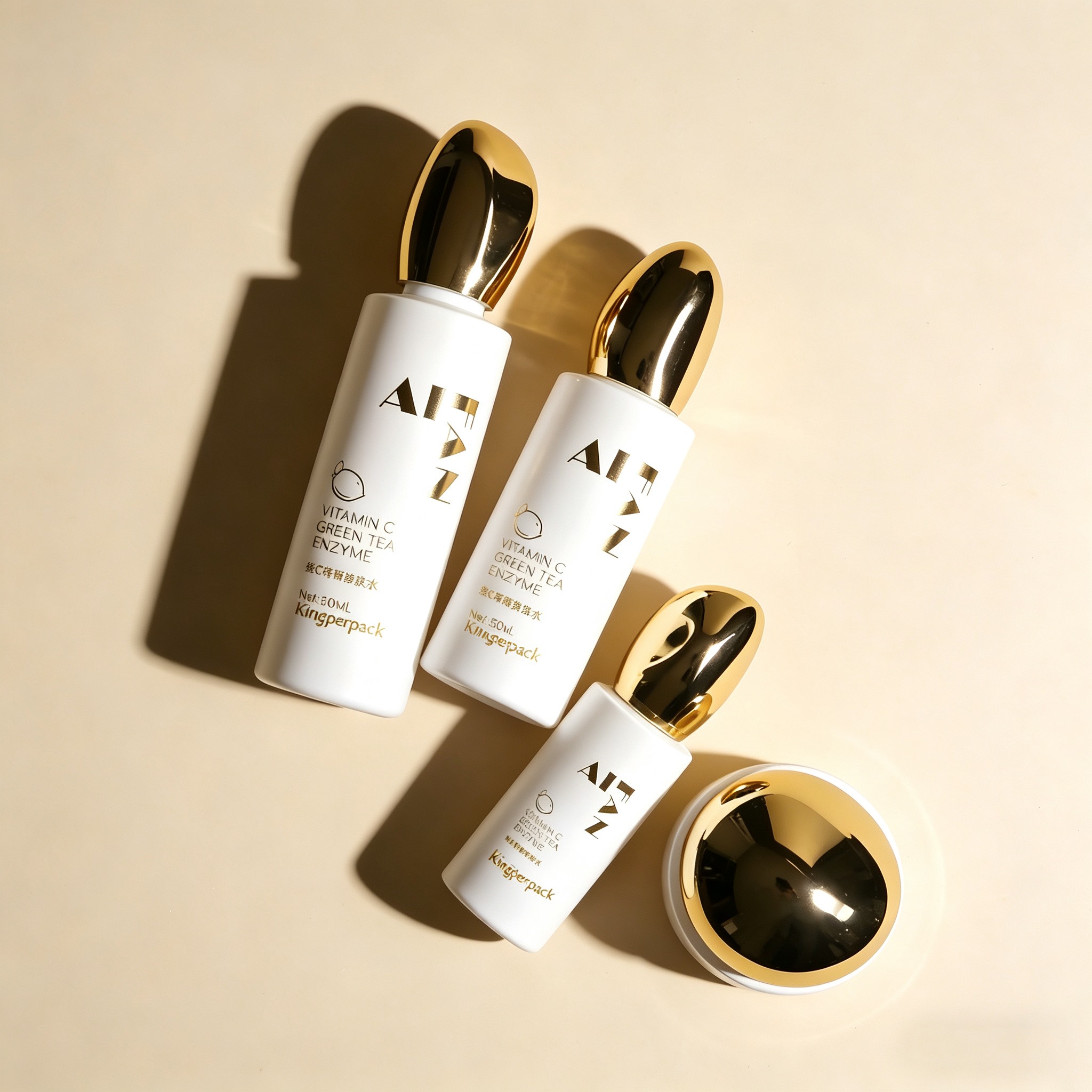 30‑120ML White Glass Skincare Set With Golden Pebble‑Shaped Cap