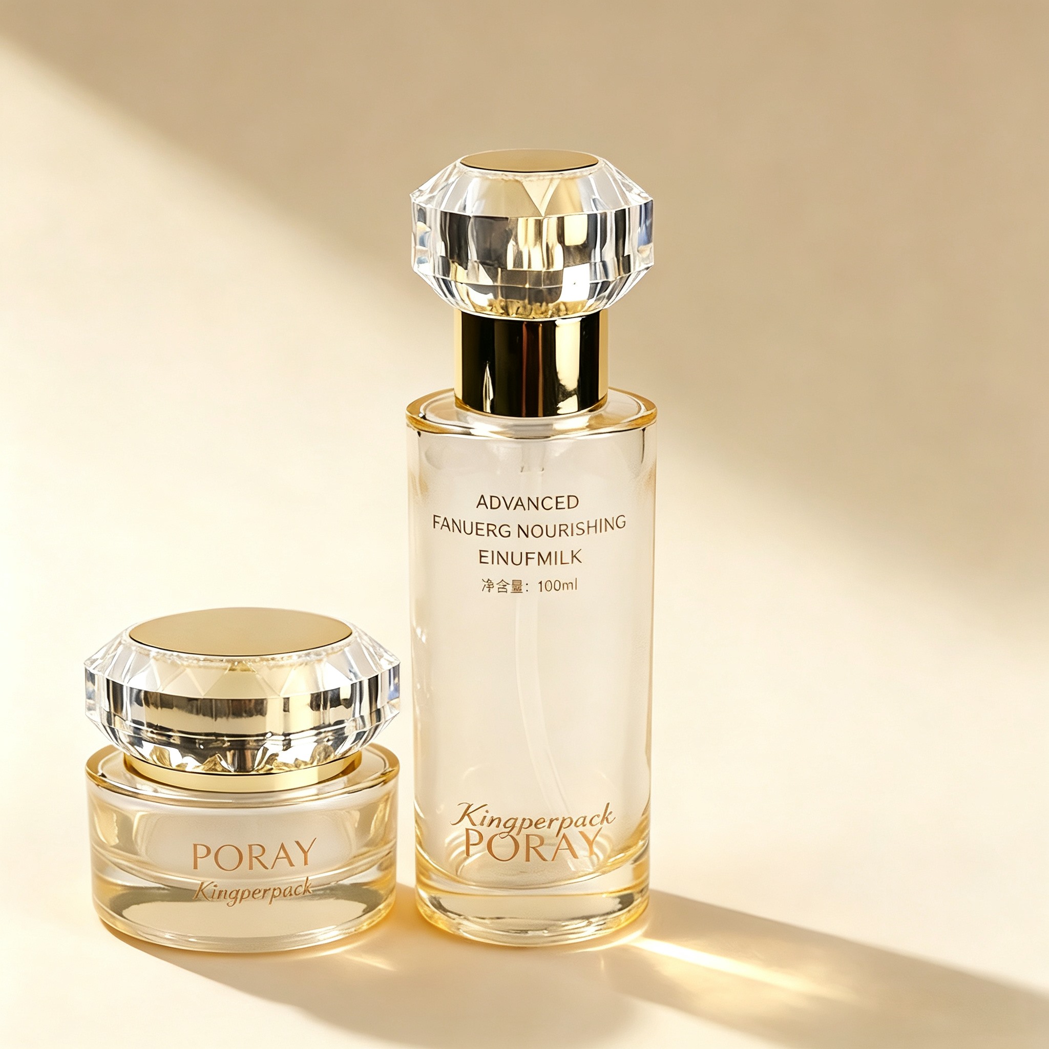 40‑120ML Champagne‑Gold Crystal‑Cap Glass Skincare Set