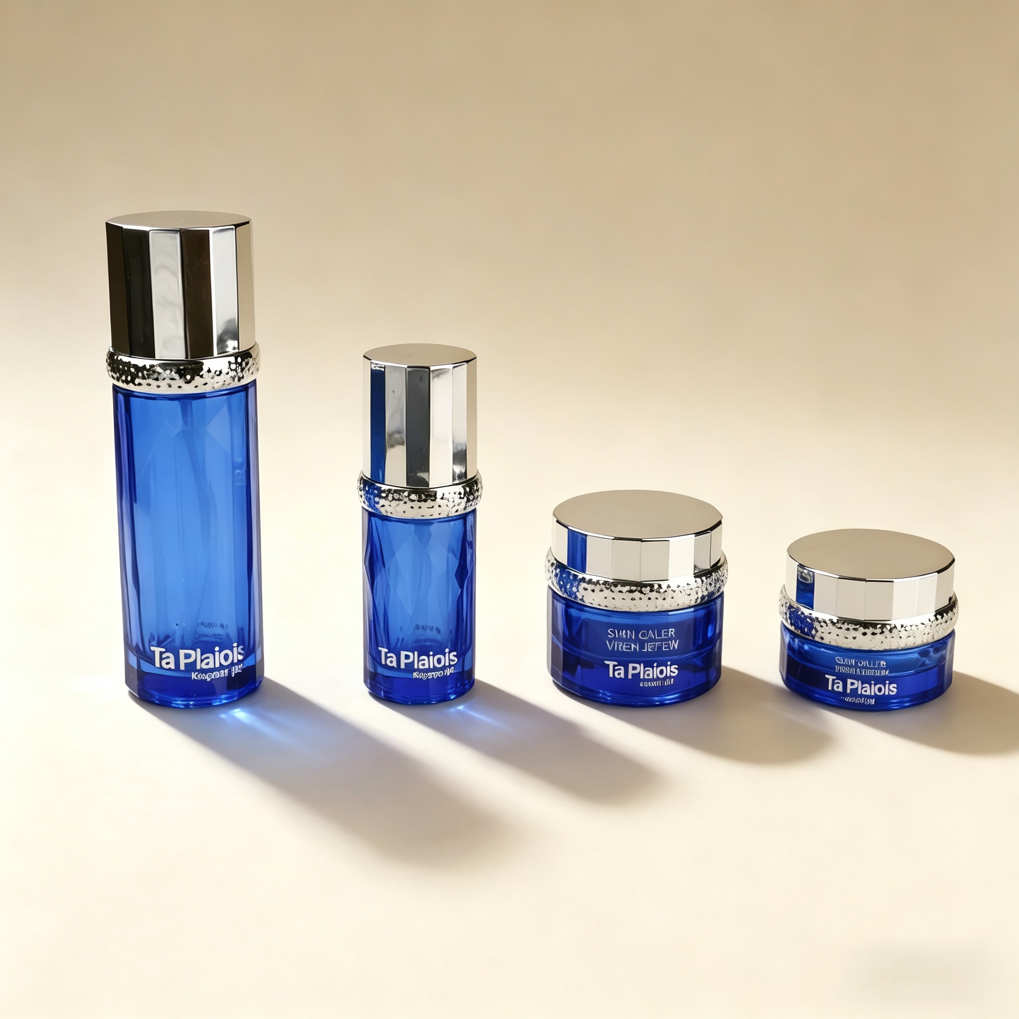 30‑120ML Cobalt Blue Faceted Cylinder Glass Skincare Set