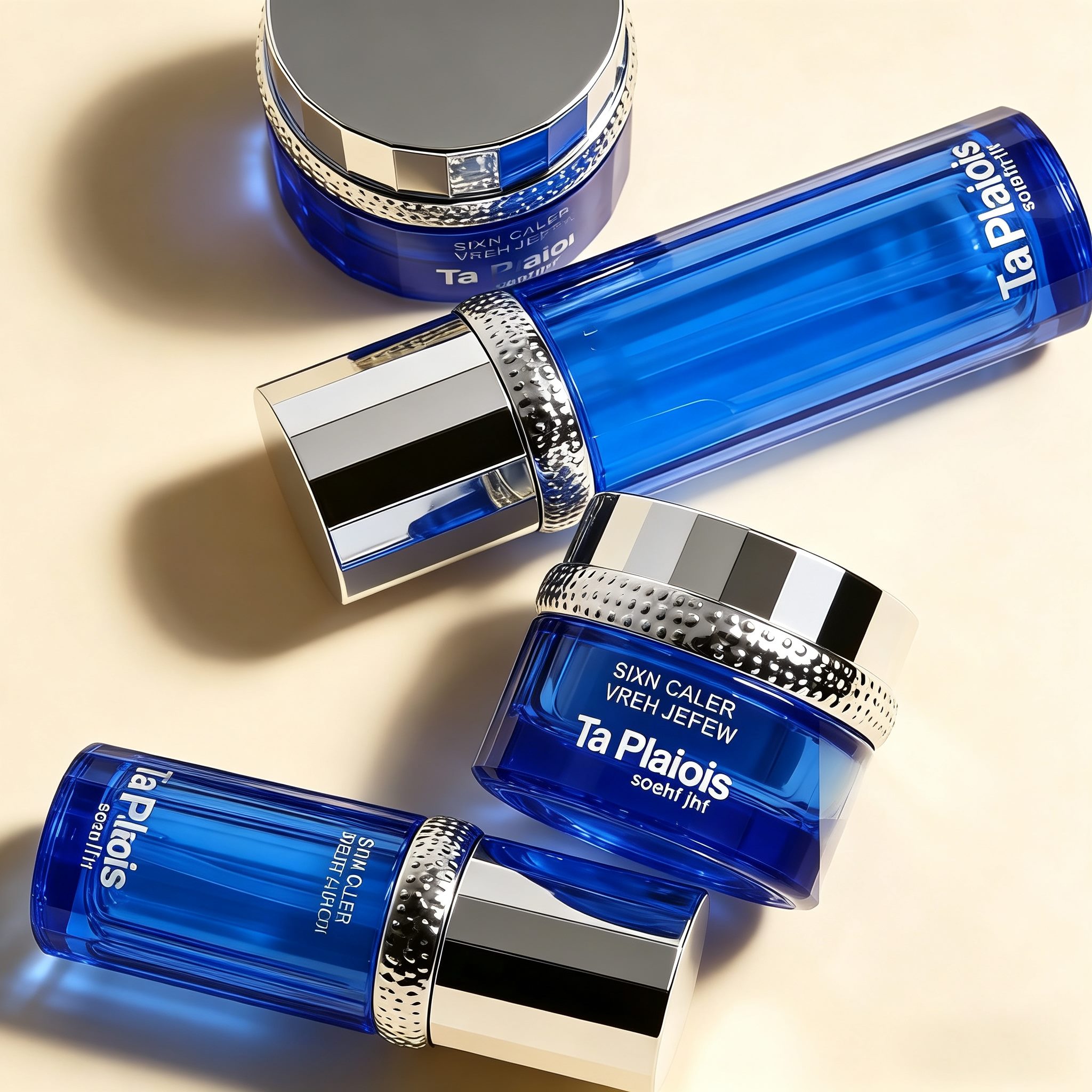 30‑120ML Cobalt Blue Faceted Cylinder Glass Skincare Set