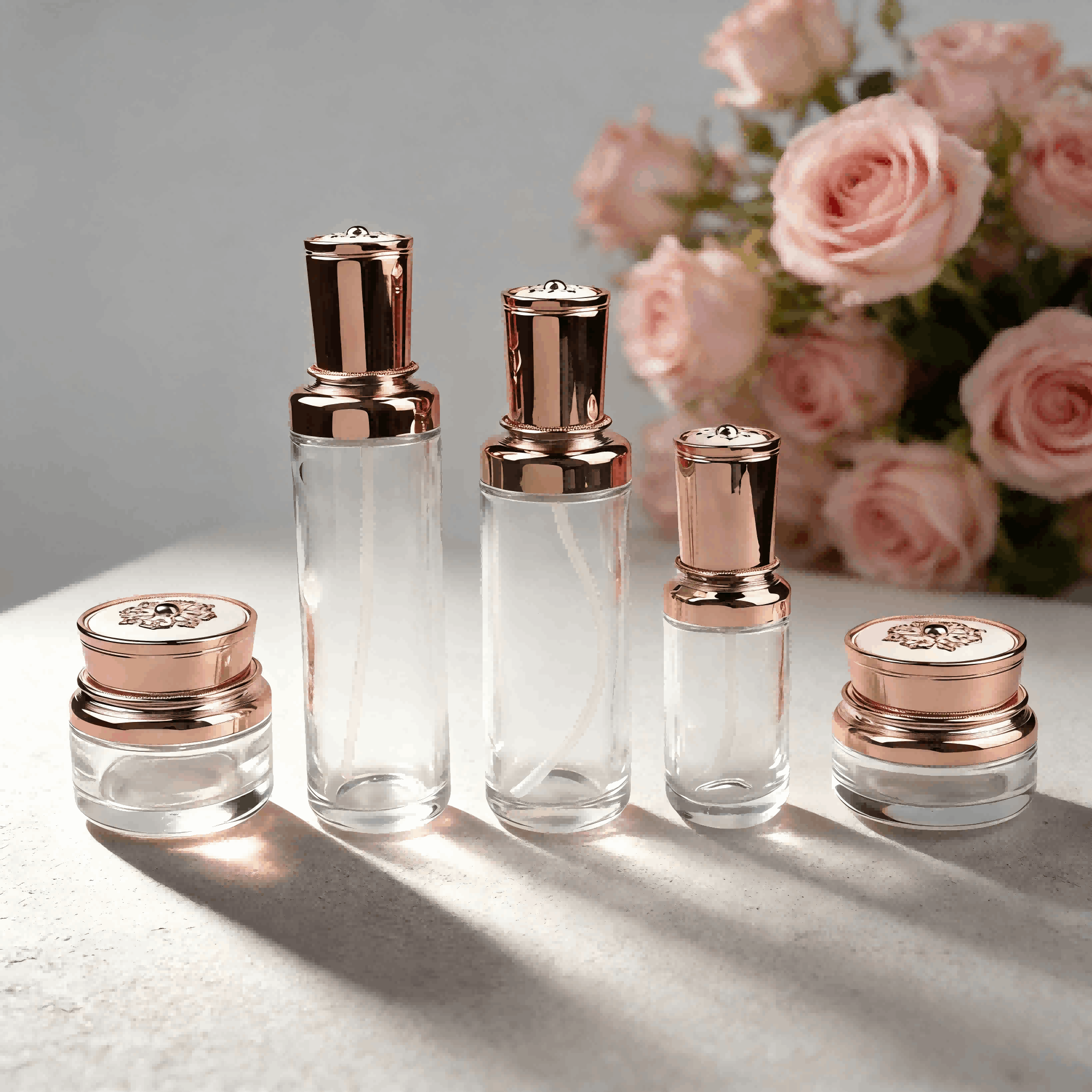 Multi‑size Luxury Rose‑Gold Glass Skincare Set