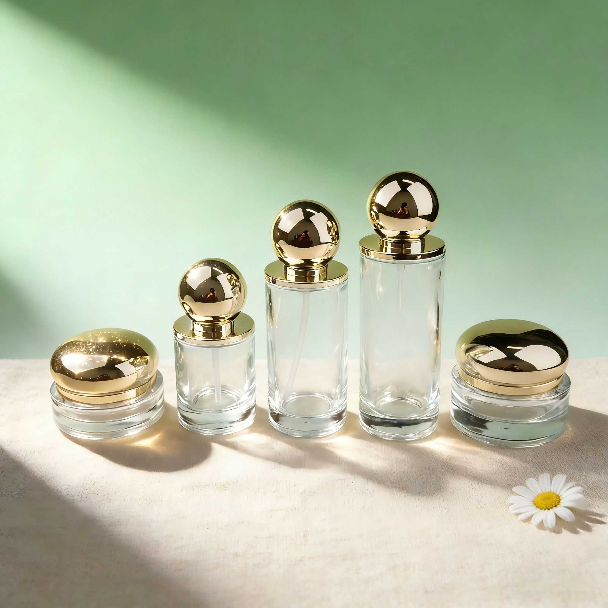 30‑120ml Clear Glass Skincare Set With Gold Sphere Cap