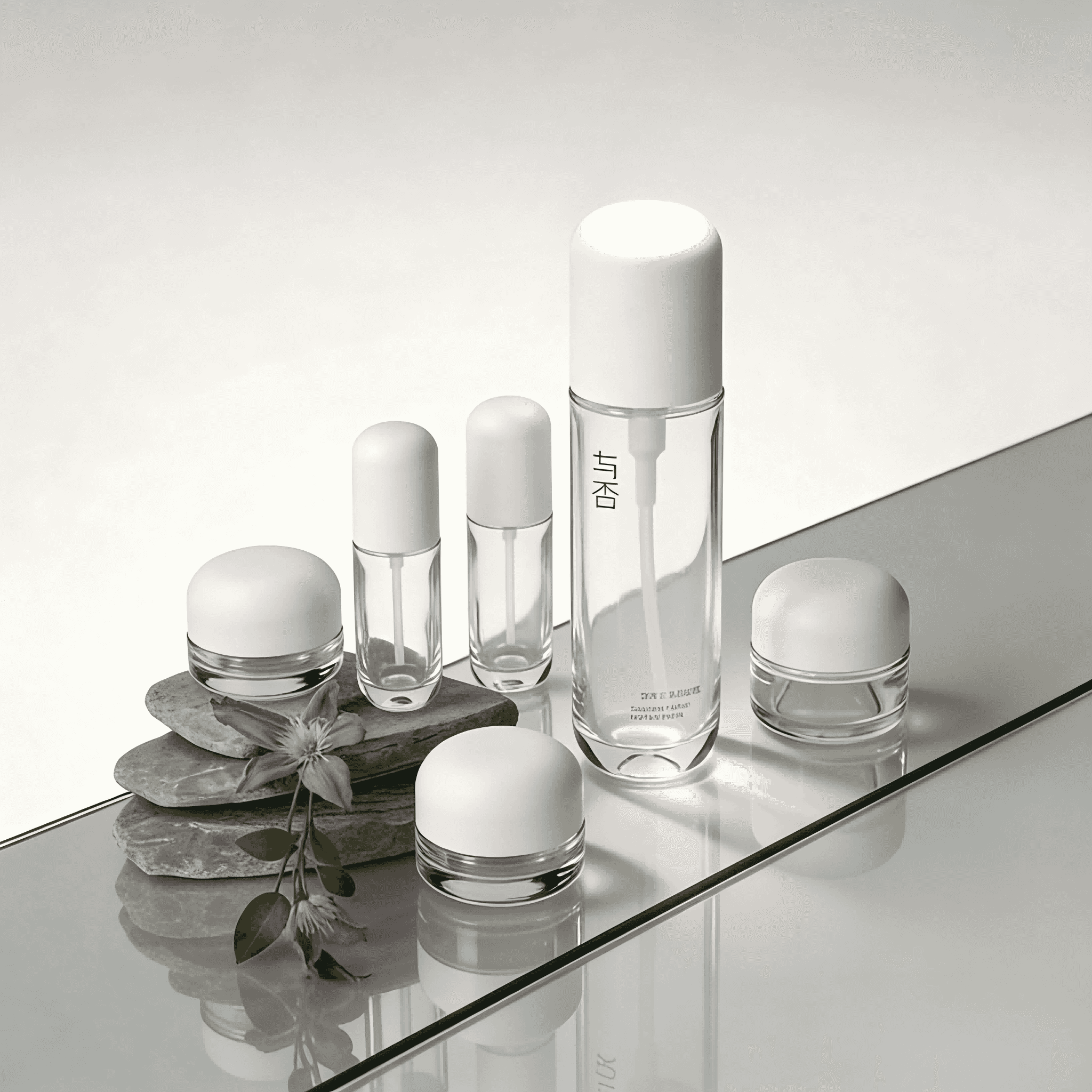 30‑120ml Clear Glass Skincare Set With Matte White Dome Cap