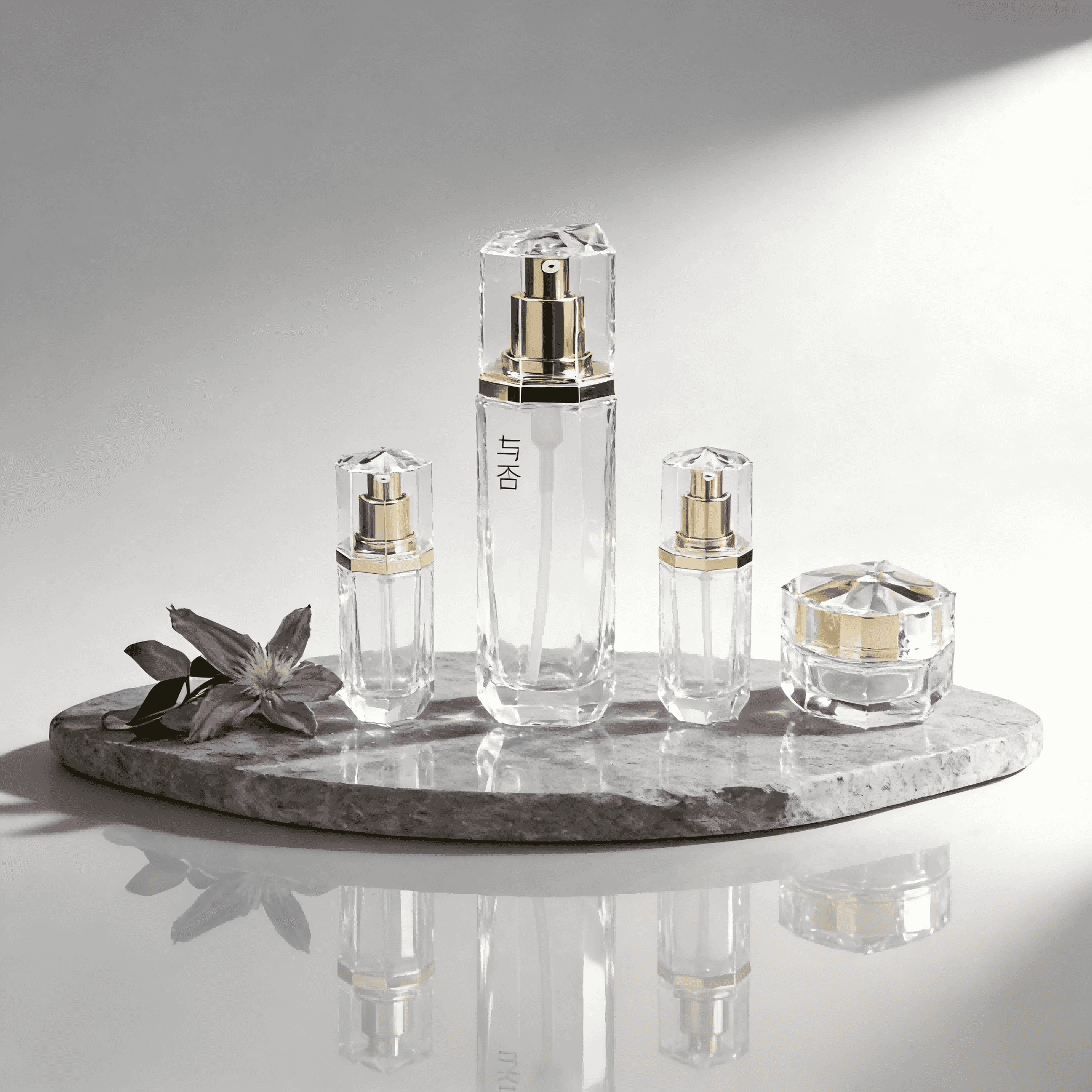 30‑120ml Diamond‑Cut Octagonal Clear Glass Skincare Set