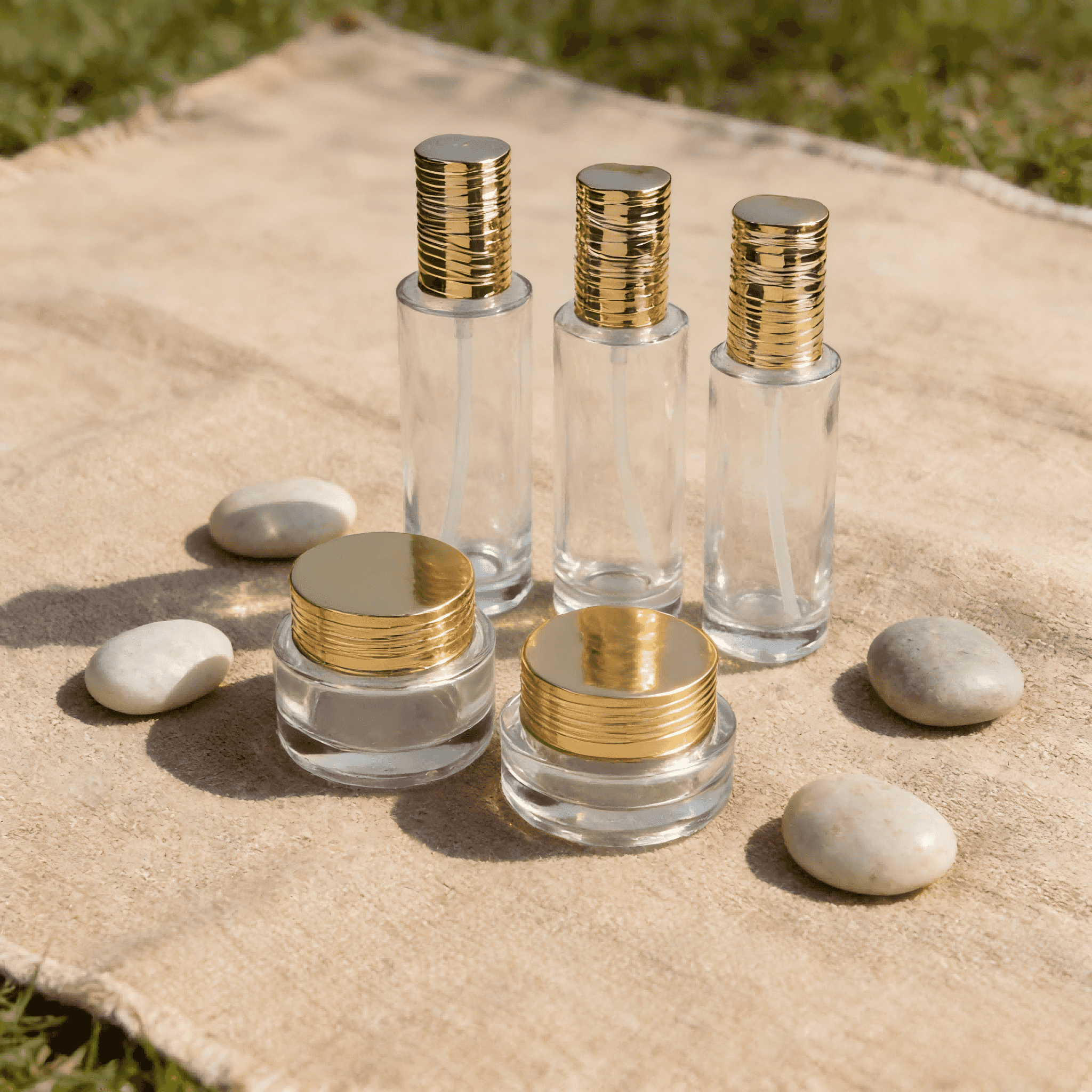 30‑120ml Wavy‑Ribbed Gold Cap Clear Glass Skincare Set