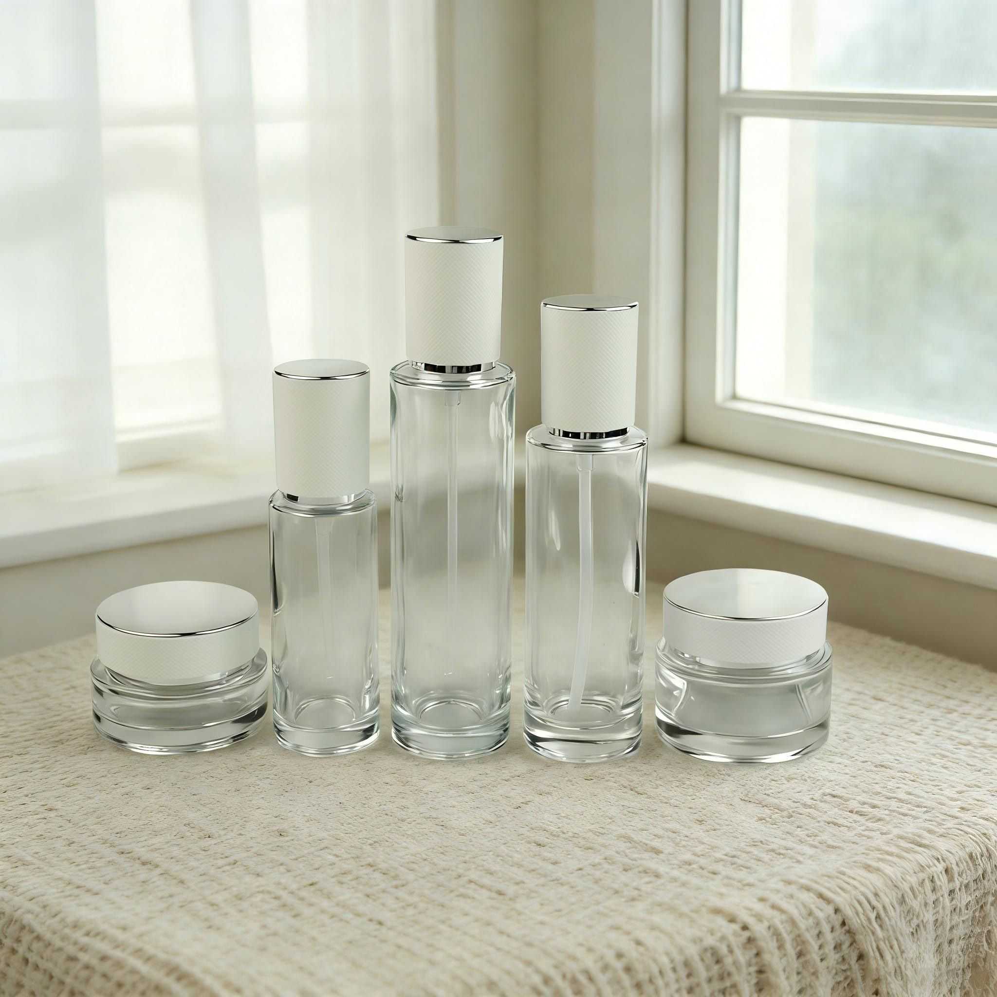 30‑120ML Cylinder Clear Glass Skincare Bottle & Jar Set