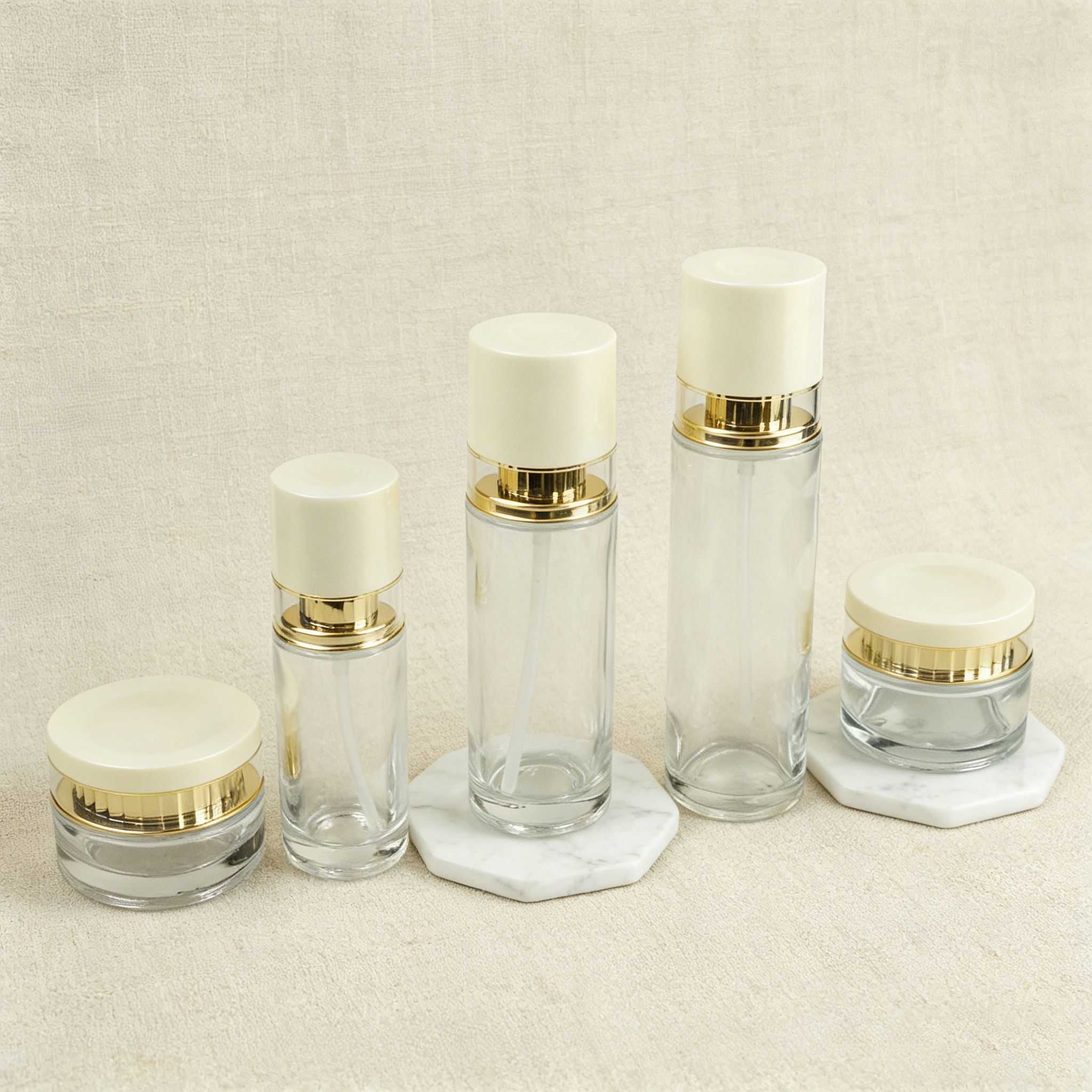 30‑120ML Cream‑White Gold Trim Clear Glass Skincare Set