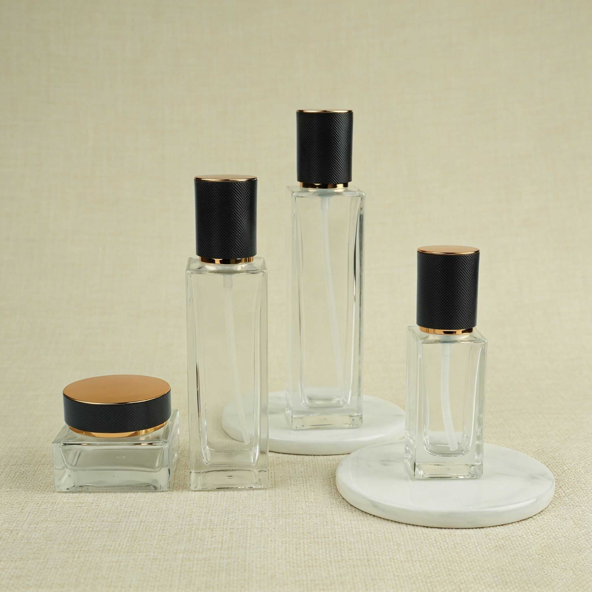 30‑120ML Square Clear Glass Skincare Bottle & Jar Set