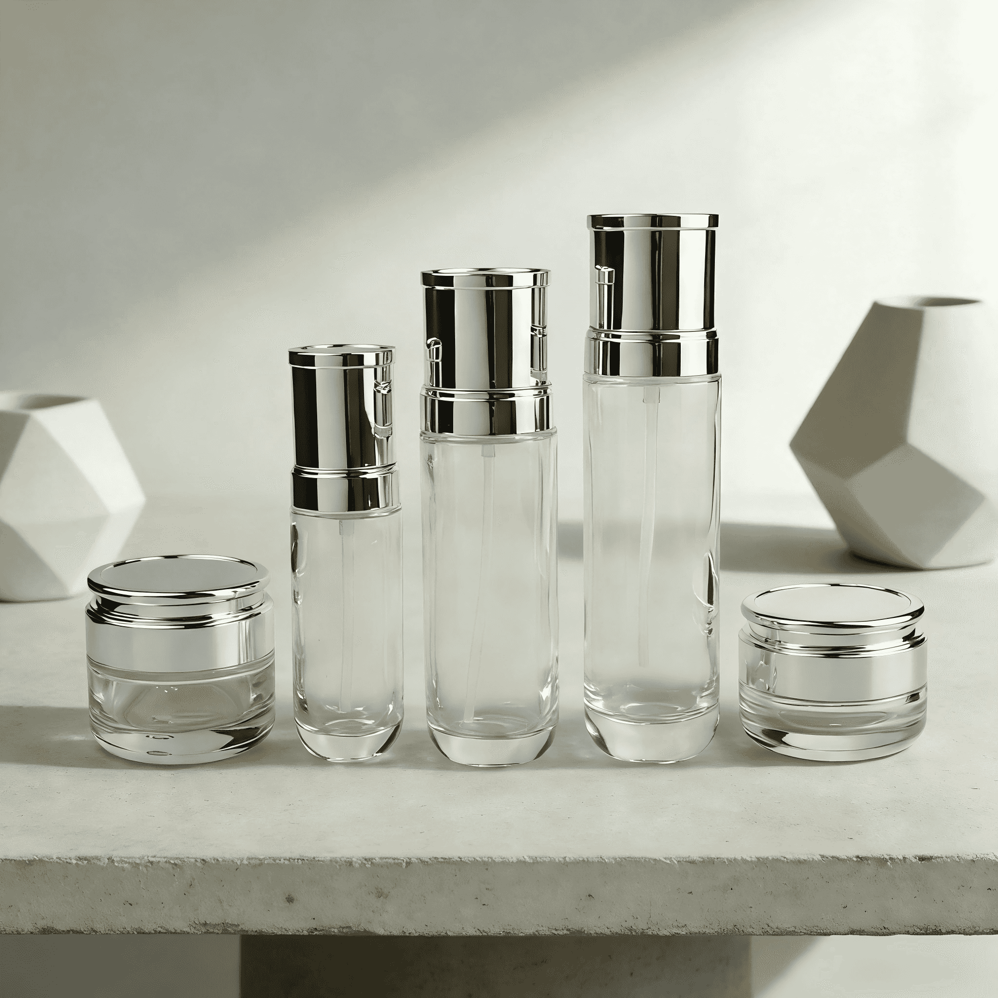 30‑120ML Clear Glass Skincare Bottle & Jar Set With Silver Cap