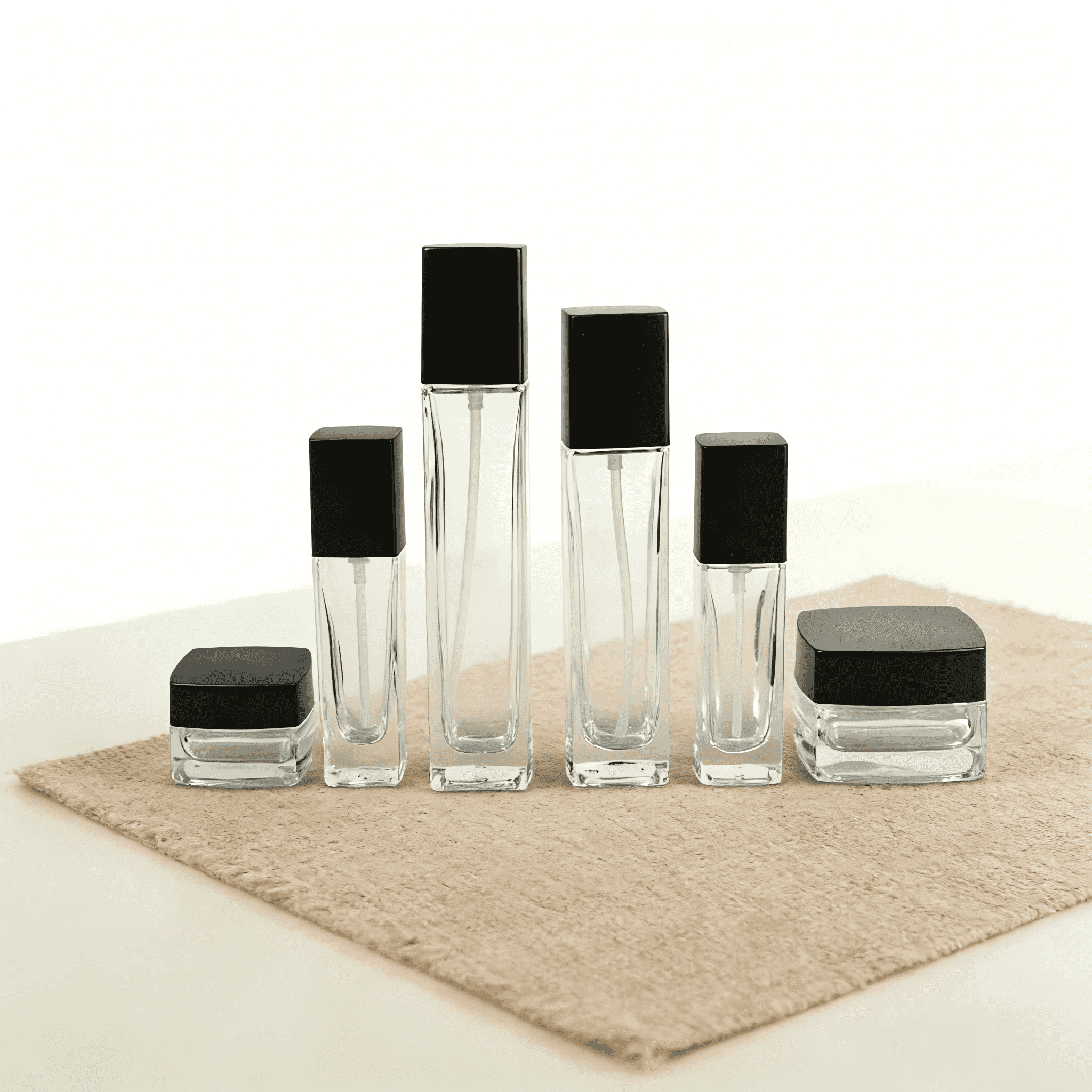 30‑100ML Square Clear Glass Bottle & Jar Set With Matte Black Cap