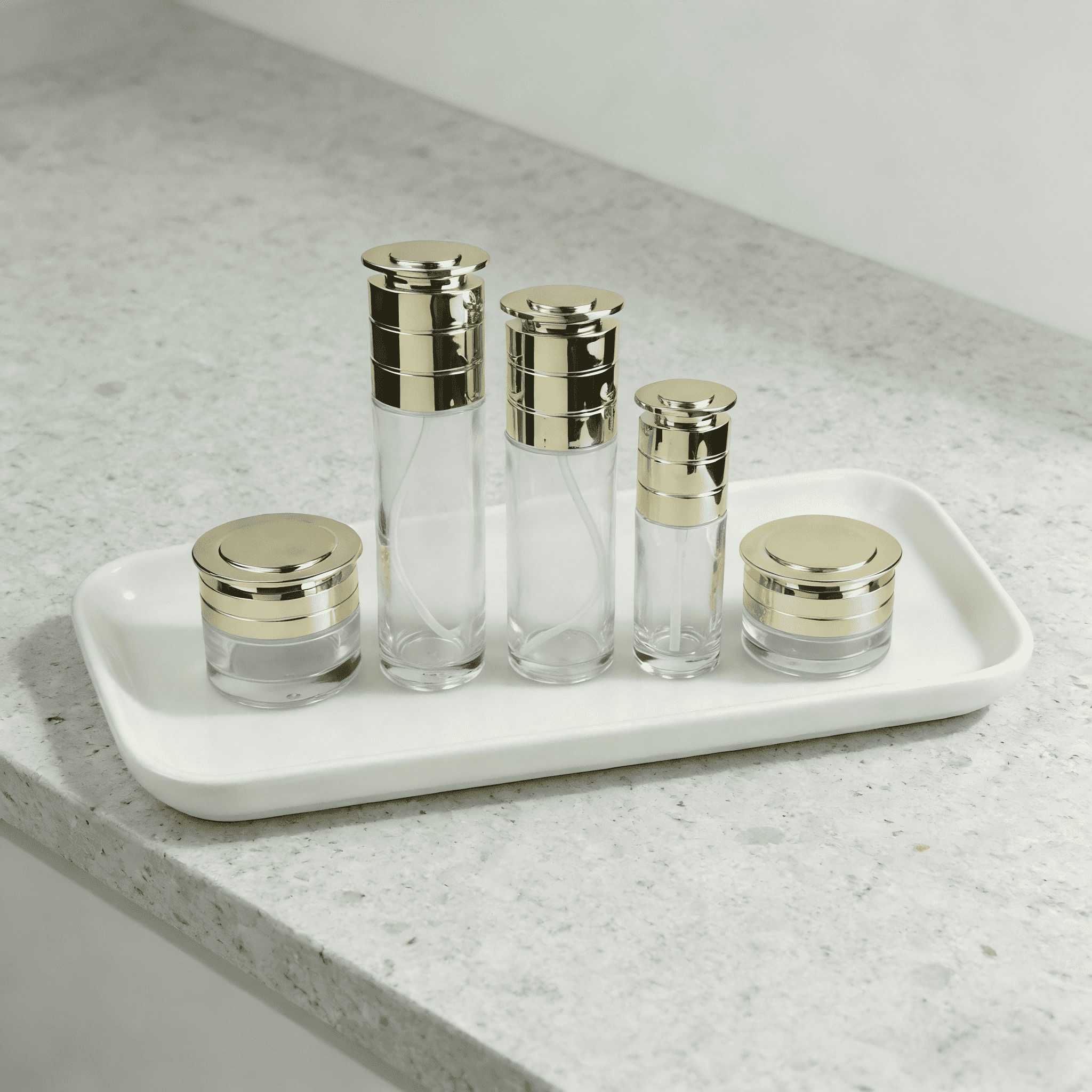 30‑120ML Round Clear Glass Bottle & Jar Set With Shiny Gold Cap