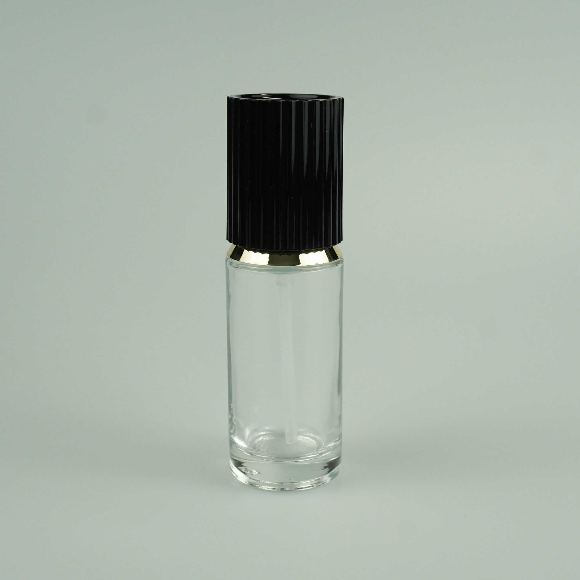 30‑100ML Round Clear Glass Bottle & Jar Set With Black Ribbed Gold‑Trim Cap