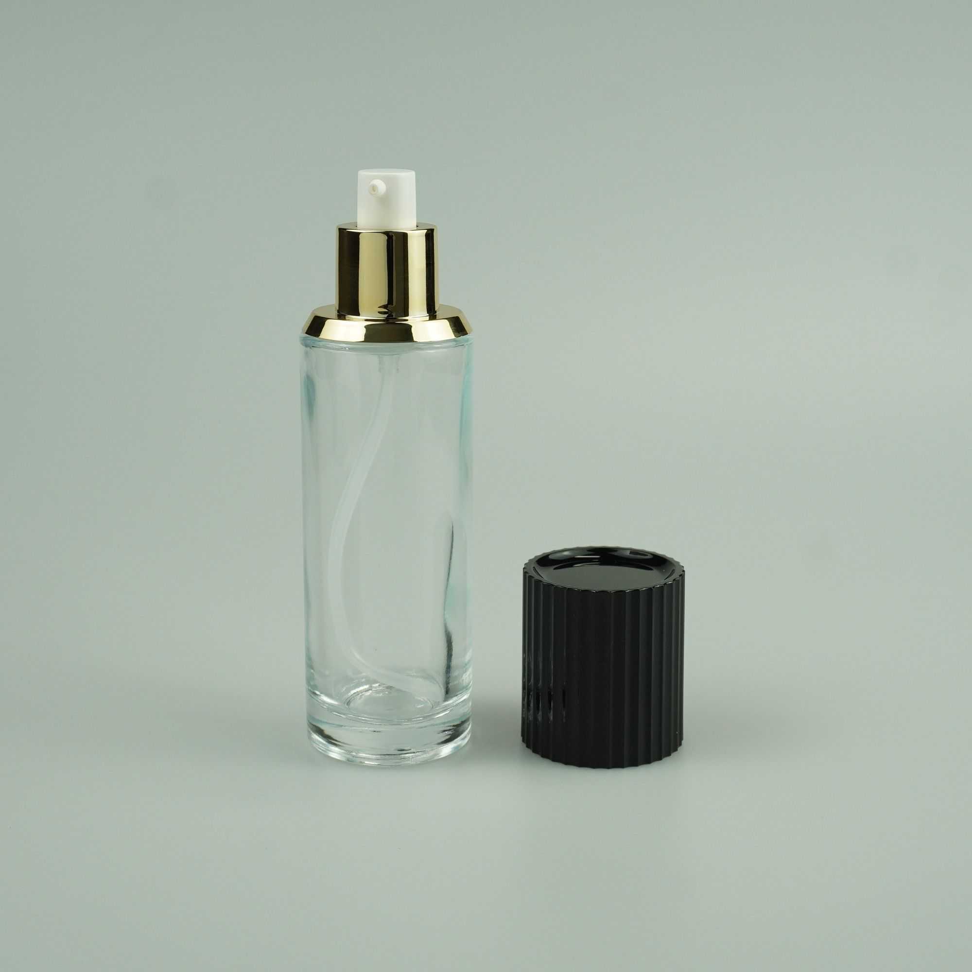 30‑100ML Round Clear Glass Bottle & Jar Set With Black Ribbed Gold‑Trim Cap